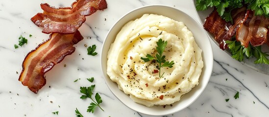 Sticker - Top down view of crispy bacon creamy mashed potatoes and fresh parsley on a white marble surface leaving room for a copy space image