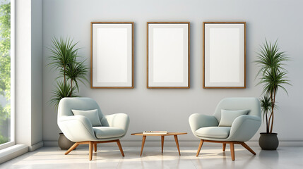 Wall Mural - Living room with armchair in Scandinavian interior design with four empty wooden photo frames on light wall. Mock up template copy space for text