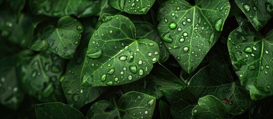 Poster - Close up macro shot of rain kissed ivy leaves serving as a nature background for design with a freshness concept providing a copy space image