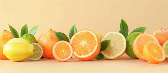 Canvas Print - A trendy food concept featuring summer citrus fruits like orange tangerine lemon and lime on a pastel beige background with copy space image ideal for creative displays