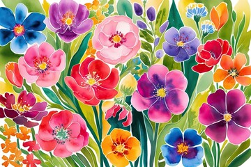 Colorful Watercolor Art of Dynamic Garden Flowers in Abstract Hues