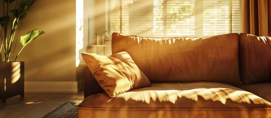 Canvas Print - A contemporary living room setting featuring an unoccupied brown couch with a cushion bathed in sunlight showcasing modern interior design with room for text in the image. Creative banner