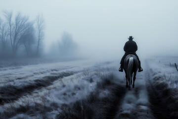 The Horseman - Monochrome photograph of a man riding his horse in a field covered in fresh snow