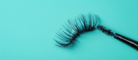 Poster - Cosmetics like black mascara brush and fake eyelashes placed on a vivid turquoise backdrop creating an appealing copy space image