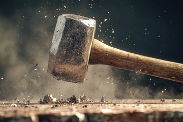 A Hammer Striking a Surface Creating Dust and Debris