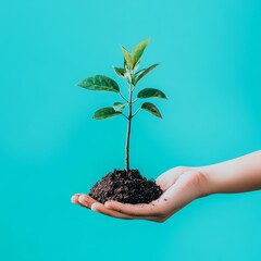 Poster - A small green plant with soil in the palm of a hand, against a vibrant blue background.