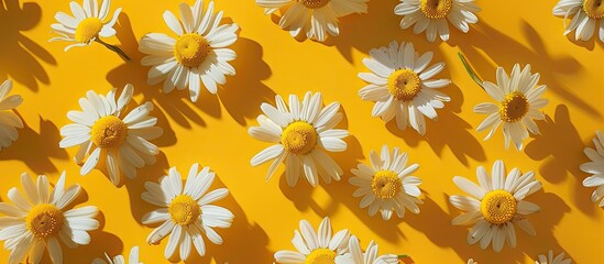 Aufkleber - Chamomile flowers displayed on a vibrant backdrop in a flat lay style ideal for a template or mockup with available copy space image