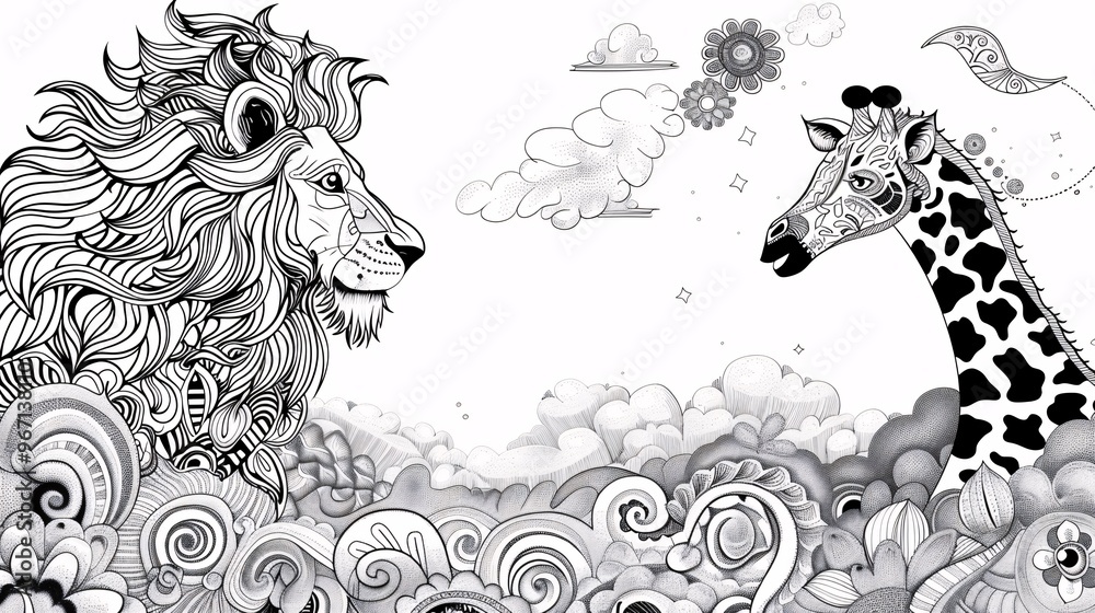 100. A charming vector coloring page featuring a lion and giraffe, with ...