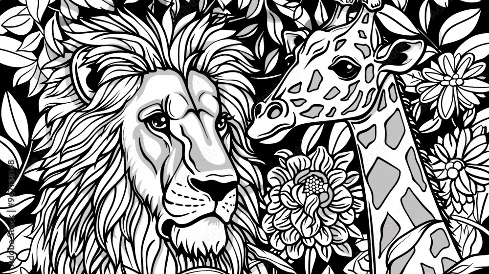 101. A delightful coloring page design with a lion and giraffe in a ...