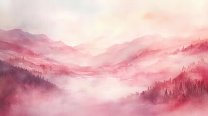 Poster - A serene watercolor landscape featuring soft pink hues and misty mountains, evoking tranquility and natural beauty.