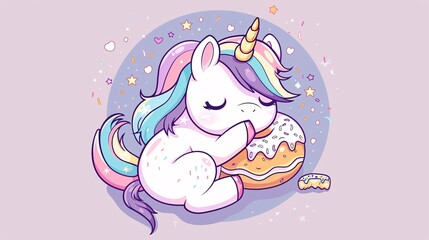 107. A charming coloring page template featuring a kawaii baby unicorn pony hugging a donut, designed in a detailed vector style with a color palette, ideal for kids' coloring books and apparel prints