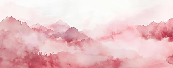 Aufkleber - A serene watercolor landscape featuring soft pink mountains shrouded in mist, perfect for creating a calming atmosphere.