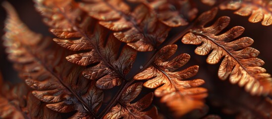 Wall Mural - An autumn themed closeup featuring a damp slightly fuzzy dried fern leaf with a brown hue ideal as a copy space image