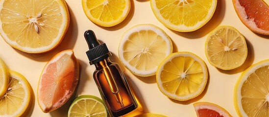 Poster - Top down view of a beauty serum dropper surrounded by citrus fruit slices like lemon and orange with ample space for creative images Rich in fruit acids Vitamin C it serves as a natural anti aging and