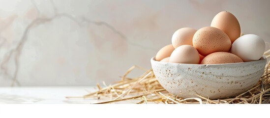 Poster - A bowl with fresh chicken eggs sits on a table with dried straw creating a rustic appearance on a white background in a copy space image