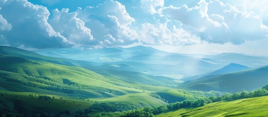 Wall Mural - scenic green meadow on a hill with green mountains and a blue sky with clouds creating a picturesque