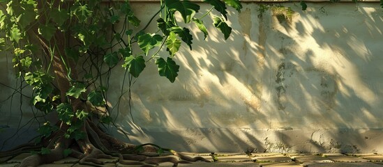 Poster - Cissus nodosa Blume tree roots with lush green leaves creep along house walls casting aesthetic shadows in the morning sunlight creating a visually pleasing copy space image