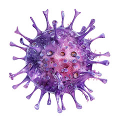 Poster - A detailed representation of a purple virus with prominent spikes and particles, illustrating its complex structure in a scientific context