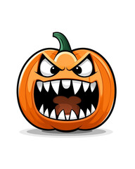 A cartoon pumpkin with a mouth open and teeth showing. The pumpkin is angry and has a menacing look