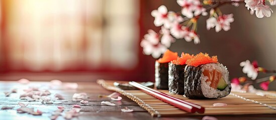 Poster - Japanese food culture highlighted on a table with cherry blossom branch and chopsticks offering enough copy space image