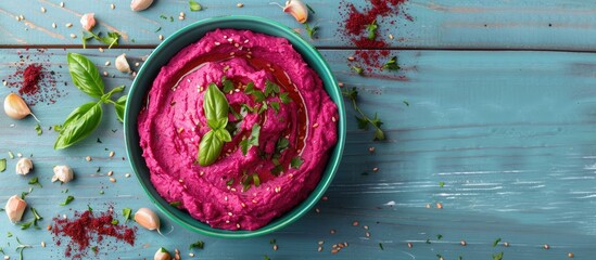 Poster - Flat lay of delicious beet hummus in a bowl with fresh ingredients set on a light blue wooden table providing ample space for text beside the copy space image