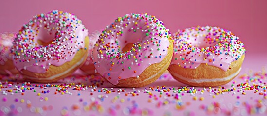 Poster - Colorful donuts topped with various sprinkles on display in this appetizing copy space image