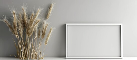 Poster - Minimalist agricultural concept with a group of wheat ears and a photo frame on a silver backdrop providing ample copy space for text in the image
