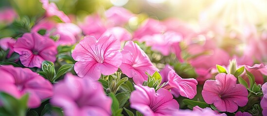 Fototapete - A sunny day showcases vibrant pink petunia flowers close up against a natural background with a selective focus perfect for a copy space image