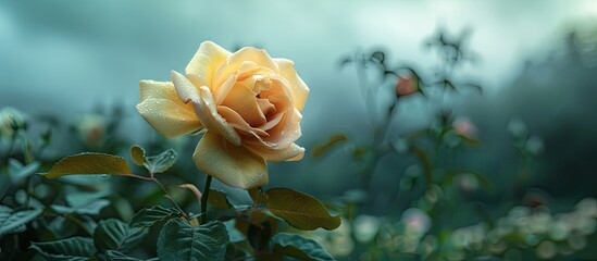 Fototapete - A single yellow tea rose blooms in a garden against a cloudy backdrop with a green outdoor setting providing a horizontal close up view with copy space image