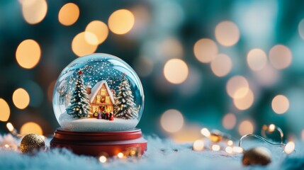 Poster - A snow globe with a winter scene inside, against a background of twinkling lights.