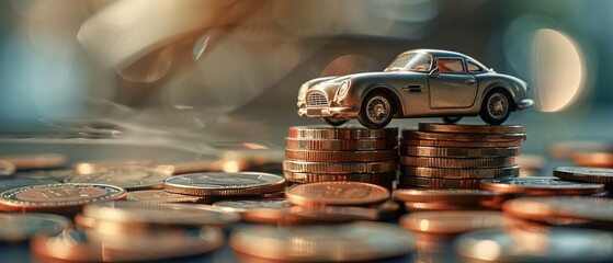 Wall Mural - Stack of coin and miniature silver car on it