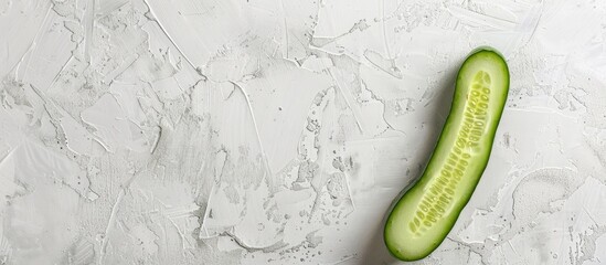 Poster - A cucumber slice Cucumis Sativus displayed horizontally on a white cement background with an isolated look offering ample copy space image