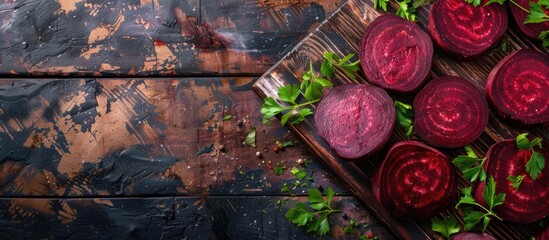 Poster - Boiled beetroot slices on a wooden cutting board with parsley leaves against a rustic backdrop for a copy space image