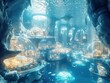 © Muhawaii - Visualize a breathtaking futuristic city beneath the waves, characterized by luminous sea life, glass structures, and a striking blue color palette in a detailed 3D rendering
