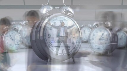 Poster - Animation of ticking alarm clocks over businesspeople in fast motion