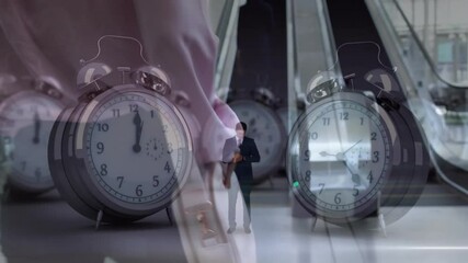 Poster - Animation of ticking alarm clocks over businesspeople walking