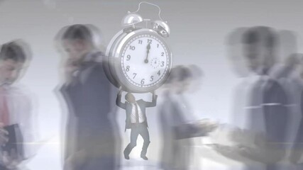 Poster - Animation of ticking alarm clock over businesspeople in fast motion