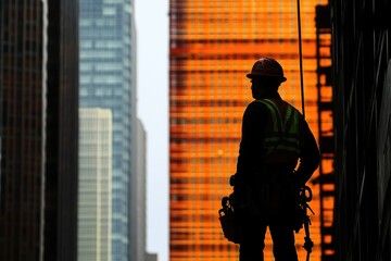 Canvas Print - Construction Worker Silhouetted Against City Buildings