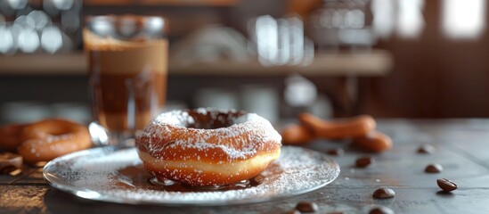 Poster - An old fashioned fried donut with chocolate and espresso in a glass perfect for a sweet treat with copy space image