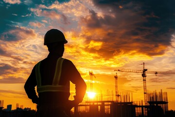 Canvas Print - Construction Worker Silhouetted Against Sunset Over Building Site