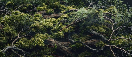 Fototapete - European forest showcasing moss covered branches on the forest floor with copy space image
