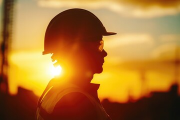 Canvas Print - Silhouette of a Construction Worker at Sunset