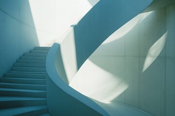 Poster - A sleek, modern staircase with a curved and minimalistic design, highlighted by natural light and intricate shadows that enhance the architectural elegance.