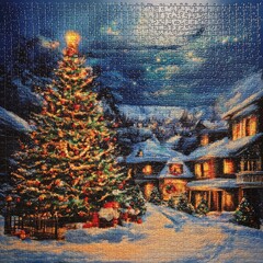 Canvas Print - A snowy Christmas scene with a tall decorated Christmas tree, houses with lit windows, and a starry night sky.