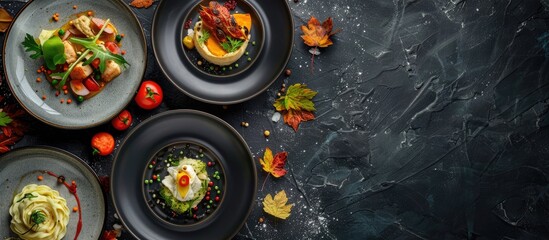 Canvas Print - An array of various dishes presented on plates against a dark background top view featuring copy space for an autumn menu concept