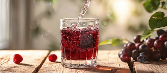 Poster - Place a glass filled with berry juice and water on a white oak table with available copy space image