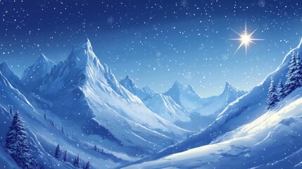 Wall Mural - A snowy mountain range with a bright star shining in the sky.