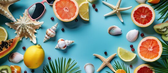 Fototapete - A flat lay image depicting summer vibes with a mix of seashells fruits and trendy accessories on a table offering a copy space image for text