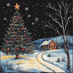 Canvas Print - A snowy winter night scene with a Christmas tree and a small house.