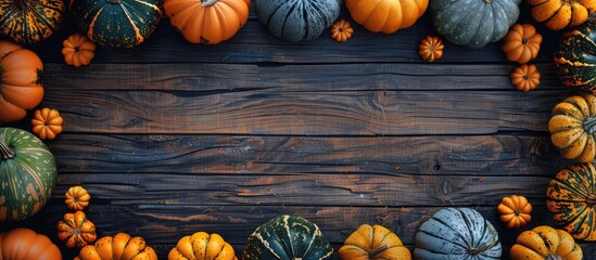 Poster - Wooden background with a frame of various fresh pumpkins creating a rustic copy space image